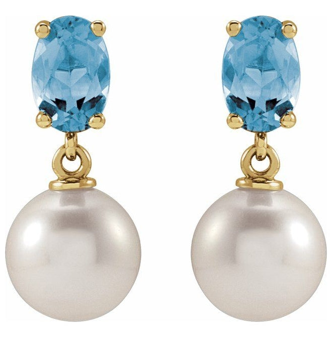 14K Yellow Or White Gold 7 Mm Oval 6X4 Mm Pair Friction Backs Polished Cultured White Akoya Pearl And Natural Gem Earrings
