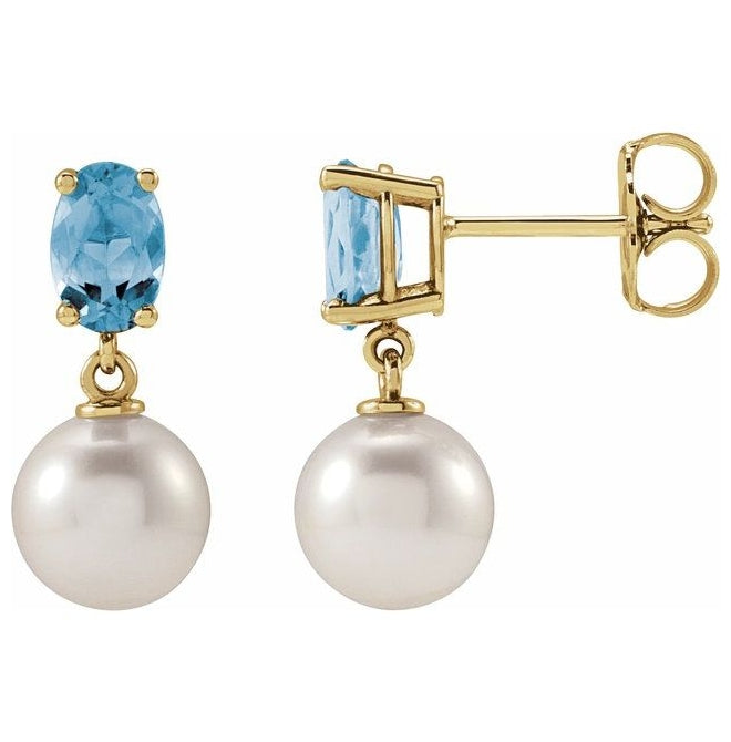 14K Yellow Or White Gold 7 Mm Oval 6X4 Mm Pair Friction Backs Polished Cultured White Akoya Pearl And Natural Gem Earrings