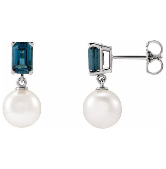 14K Yellow Or White Gold 7 Mm Emerald 6X4 Mm Pair Friction Backs Polished Cultured White Akoya Pearl And Natural Gem Earrings