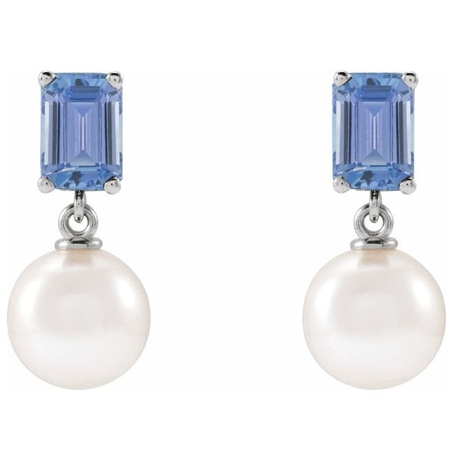 14K Yellow Or White Gold 7 Mm Emerald 6X4 Mm Pair Friction Backs Polished Cultured White Akoya Pearl And Natural Gem Earrings