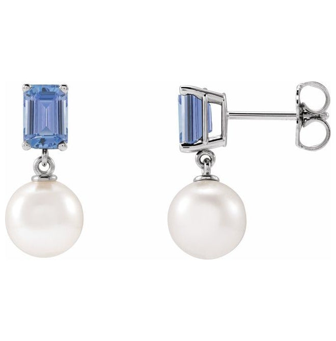 14K Yellow Or White Gold 7 Mm Emerald 6X4 Mm Pair Friction Backs Polished Cultured White Akoya Pearl And Natural Gem Earrings