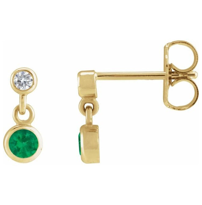 14K Yellow Gold Natural Emerald & .05 CTW Natural Diamond Two-Stone Earrings