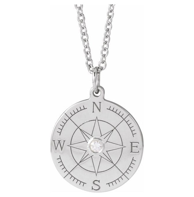 14K White Gold Round 1.5Mm I1, G-H 16-18 In Polished .015 Ct Natural Diamond Compass Necklace
