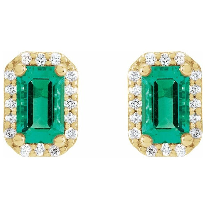 14K Yellow Gold Lab-Grown Emerald & 1/6 CTW Natural Diamond Halo-Style Earrings