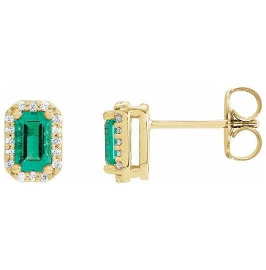 14K Yellow Gold Lab-Grown Emerald & 1/6 CTW Natural Diamond Halo-Style Earrings