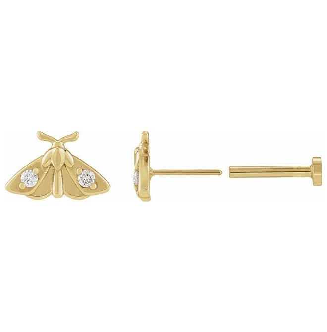 14K Yellow Gold Round 1.5 Mm Each Tension Back Polished .03 Ctw Natural Diamond Moth Insect Earring