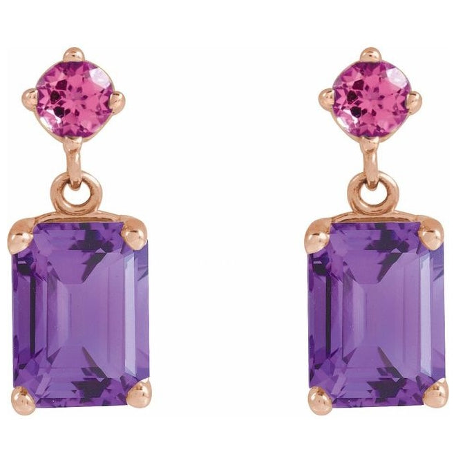14K Rose Gold Natural Amethyst & Natural Pink Tourmaline Dangle Earrings