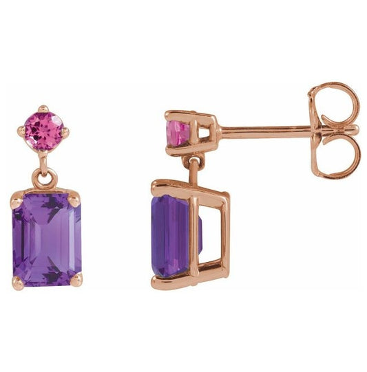14K Rose Gold Natural Amethyst & Natural Pink Tourmaline Dangle Earrings