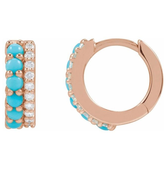 14K Rose Gold Natural Turquoise & 1/8 CTW Natural Diamond Huggie Hoop Earrings