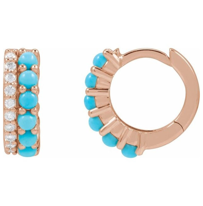 14K Rose Gold Natural Turquoise & 1/8 CTW Natural Diamond Huggie Hoop Earrings