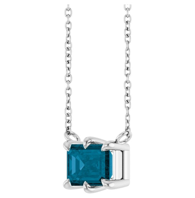 Sterling Silver Emerald 7 X 5 Mm 18 In Polished Natural London Blue Topaz 6-Prong Solitaire Necklace