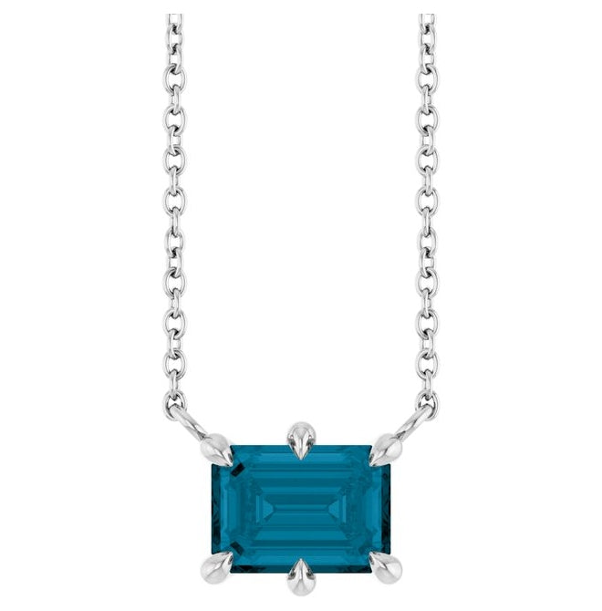 Sterling Silver Emerald 7 X 5 Mm 18 In Polished Natural London Blue Topaz 6-Prong Solitaire Necklace