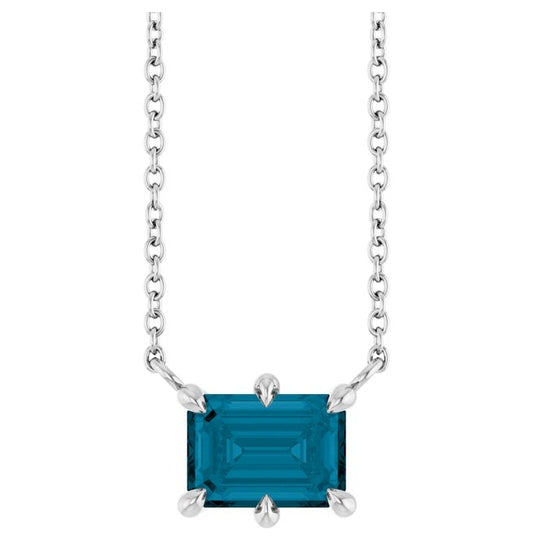 Sterling Silver Emerald 7 X 5 Mm 18 In Polished Natural London Blue Topaz 6-Prong Solitaire Necklace