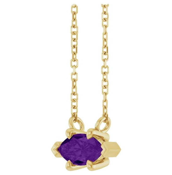14K Yellow Gold Marquise 8 X 4 Mm 18 In Polished Natural Amethyst 6-Prong V-End Necklace