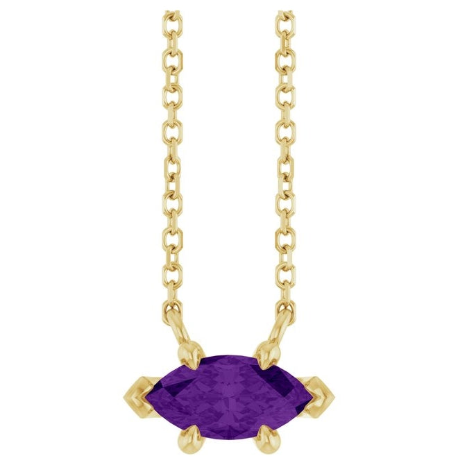 14K Yellow Gold Marquise 8 X 4 Mm 18 In Polished Natural Amethyst 6-Prong V-End Necklace