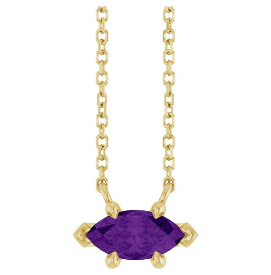 14K Yellow Gold Marquise 8 X 4 Mm 18 In Polished Natural Amethyst 6-Prong V-End Necklace