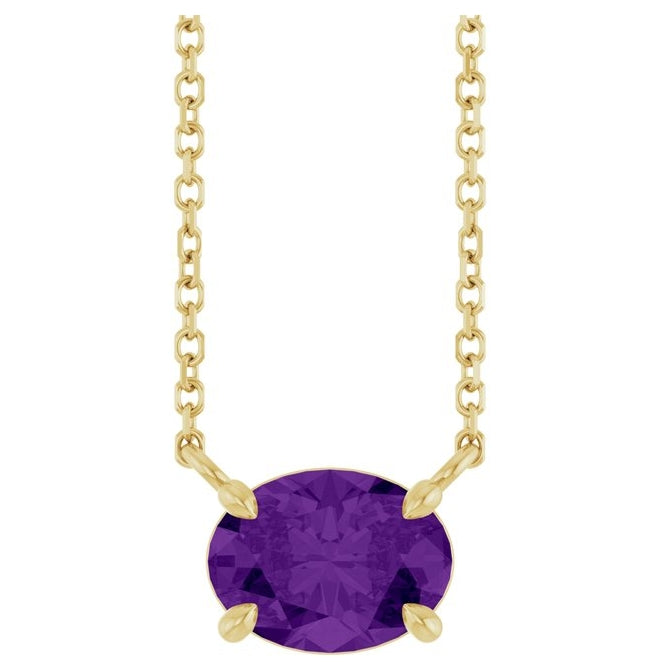 14K Yellow Gold Oval 8 X 6 Mm 18 In Polished Natural Amethyst 4-Claw Prong Necklace