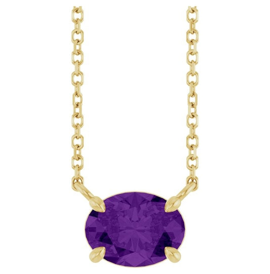14K Yellow Gold Oval 8 X 6 Mm 18 In Polished Natural Amethyst 4-Claw Prong Necklace