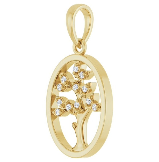 14K Yellow Gold Round 1Mm I1, G-H Polished .05 Ctw Natural Diamond Tree Of Life Pendant