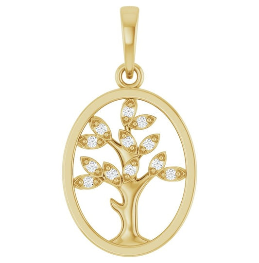 14K Yellow Gold Round 1Mm I1, G-H Polished .05 Ctw Natural Diamond Tree Of Life Pendant