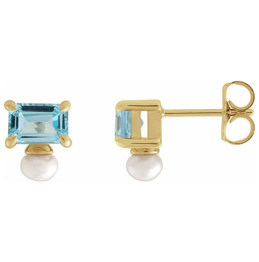 14K Yellow Gold Natural Sky Blue Topaz & Cultured White Freshwater Pearl Earrings