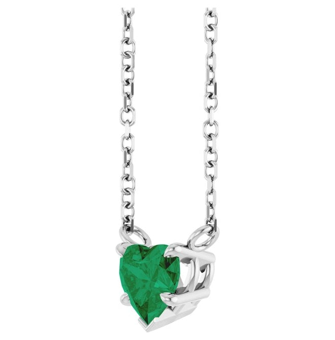 14K White Gold Heart 5 X 5 Mm 18 In Polished Lab-Grown Emerald Necklace