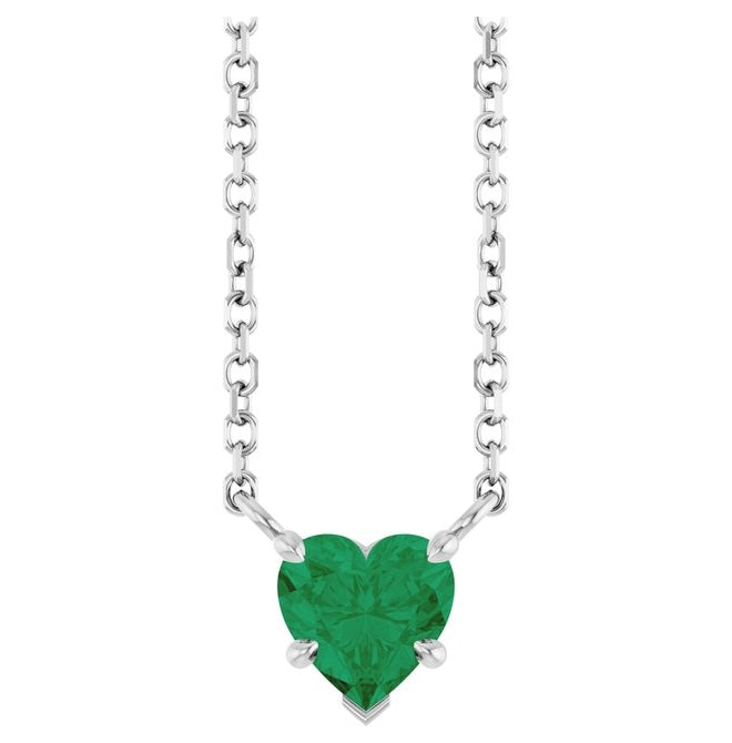 14K White Gold Heart 5 X 5 Mm 18 In Polished Lab-Grown Emerald Necklace