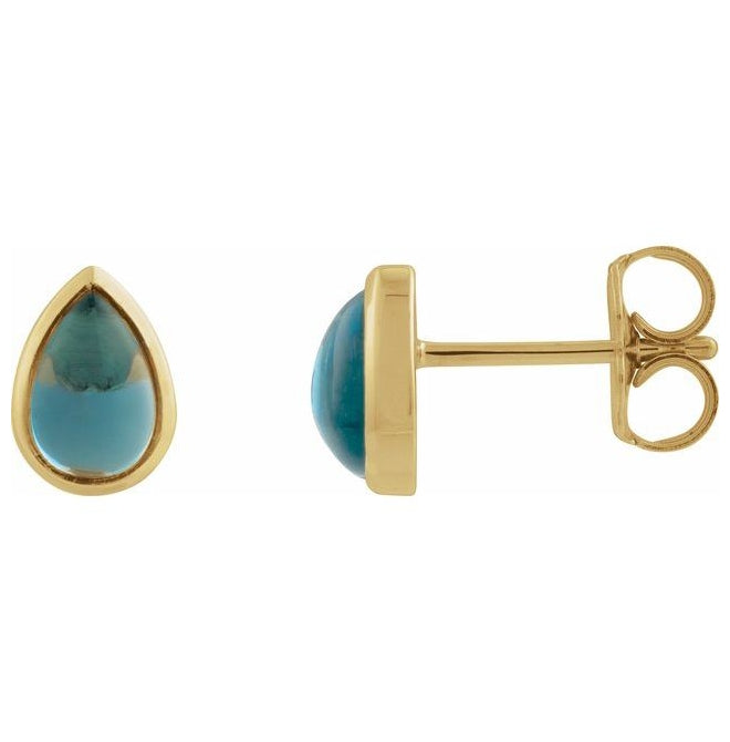 14K Yellow Gold Or Sterling Silver Pear 6 X 4 Mm Pair Friction Backs Polished Natural Bezel-Set Cabachon Earrings
