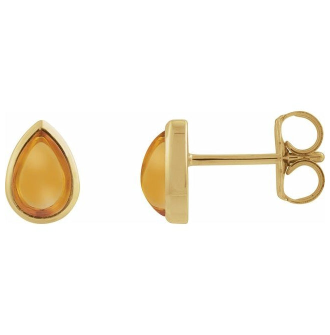 14K Yellow Gold Or Sterling Silver Pear 6 X 4 Mm Pair Friction Backs Polished Natural Bezel-Set Cabachon Earrings