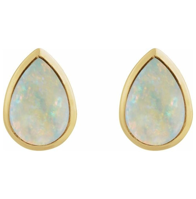 14K Yellow Gold Pear 6 X 4 Mm Pair Friction Backs Polished Lab-Grown White Opal Bezel-Set Cabachon Earrings