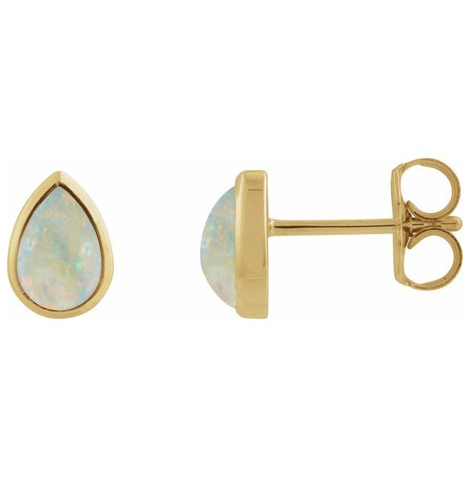 14K Yellow Gold Pear 6 X 4 Mm Pair Friction Backs Polished Lab-Grown White Opal Bezel-Set Cabachon Earrings