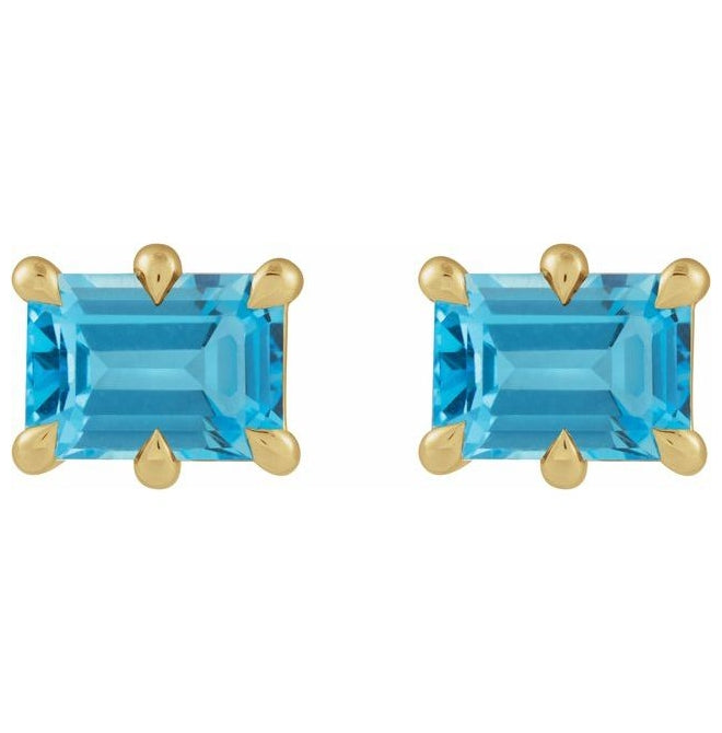 14K Yellow Gold  Emerald Pair 7 X 5 Mm Friction Backs  6-Prong Polished Natural Swiss Blue Topaz Stud Earrings