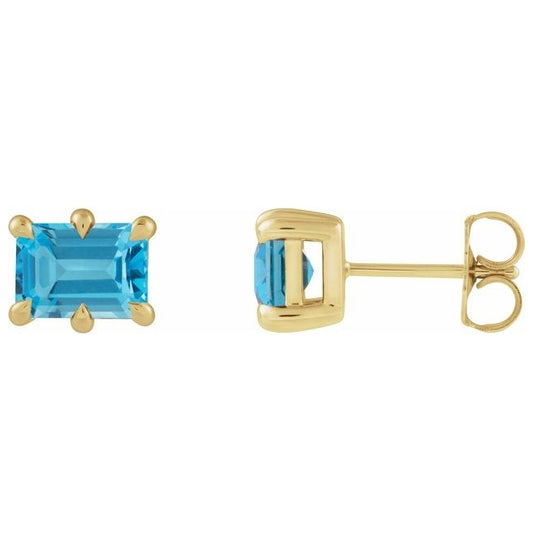 14K Yellow Gold  Emerald Pair 7 X 5 Mm Friction Backs  6-Prong Polished Natural Swiss Blue Topaz Stud Earrings