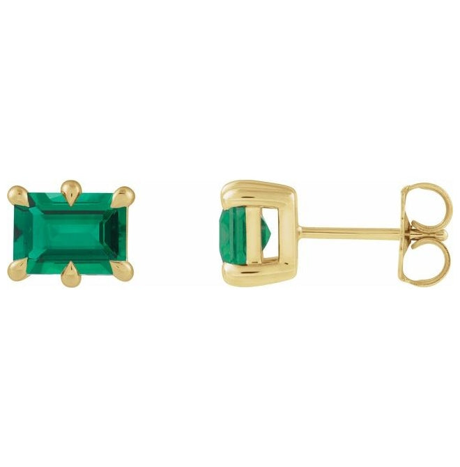 14K Yellow Gold  Emerald Pair 6 X 4 Mm Friction Backs  6-Prong Polished Lab-Grown Emerald Stud Earrings