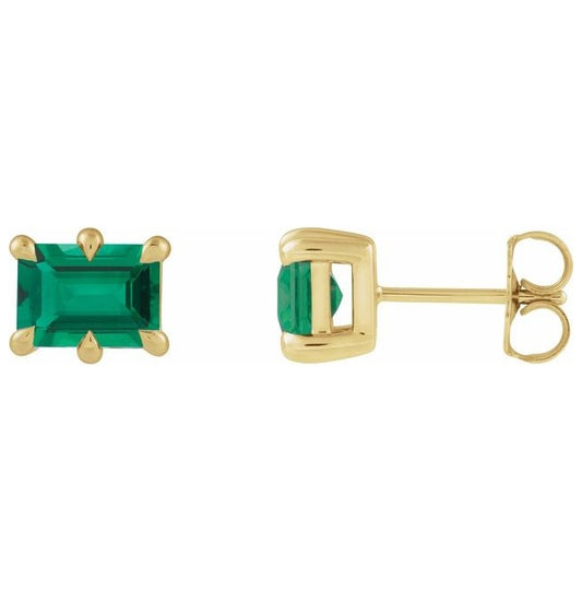 14K Yellow Gold  Emerald Pair 6 X 4 Mm Friction Backs  6-Prong Polished Lab-Grown Emerald Stud Earrings