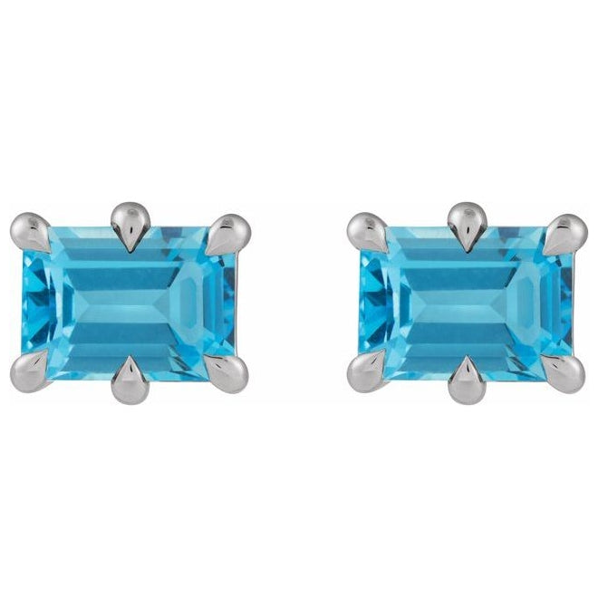 14K White Gold  Emerald Pair 5 X 3 Mm Friction Backs  6-Prong Polished Natural Swiss Blue Topaz Stud Earrings