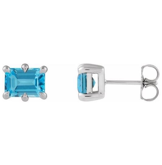 14K White Gold  Emerald Pair 5 X 3 Mm Friction Backs  6-Prong Polished Natural Swiss Blue Topaz Stud Earrings