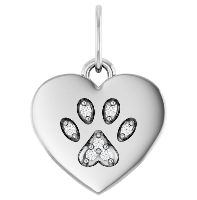 14K Yellow Or White Gold Or Sterlin Silver Round .8 Mm I1, G-H Polished .02 Ct Natural Diamond Engravable Paw Print Heart Pendant