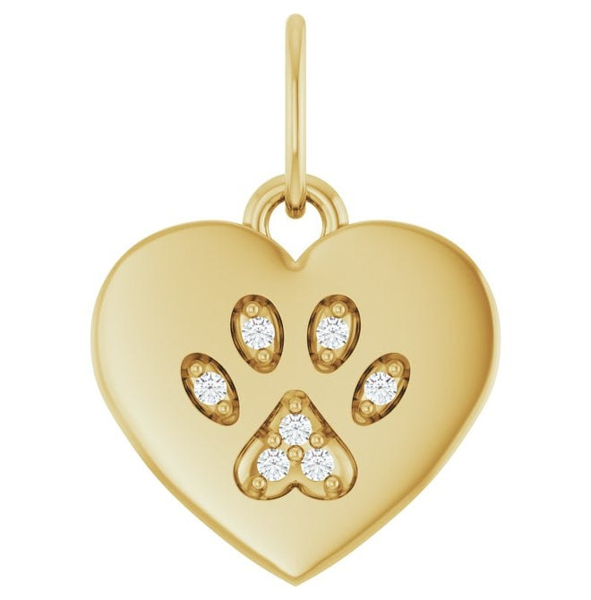 14K Yellow Or White Gold Round .8 Mm I1, G-H Polished .02 Ct Natural Diamond Dog Mom Paw Print Heart Pendant