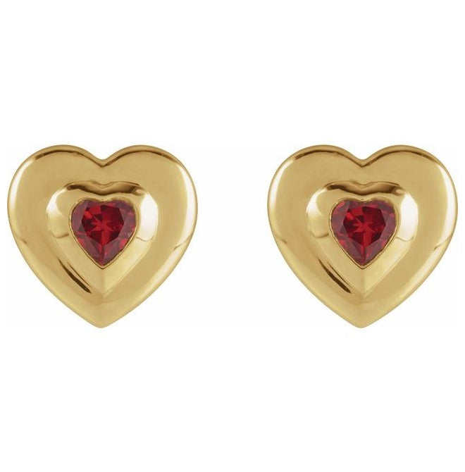 14K Yellow Gold 4 mm Heart Lab-Grown Ruby Stud Earrings