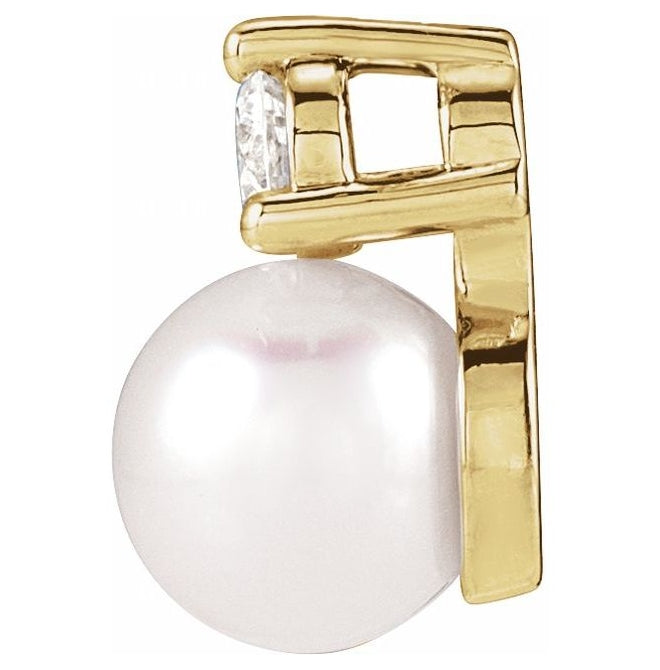 14K Yellow Gold Pearl  6-6.5 Mm Vs, F+ Polished Cultured Freshwater Pearl And 1/10 Ct Lab-Grown Diamond Slide Pendant
