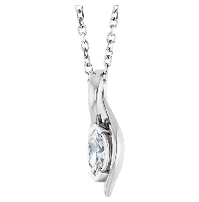 14K White Gold Marquise 5 X 2.5Mm  I1, Ghi 18 In Polished 1/6 Ct Natural Diamond Freeform Solitaire Necklace