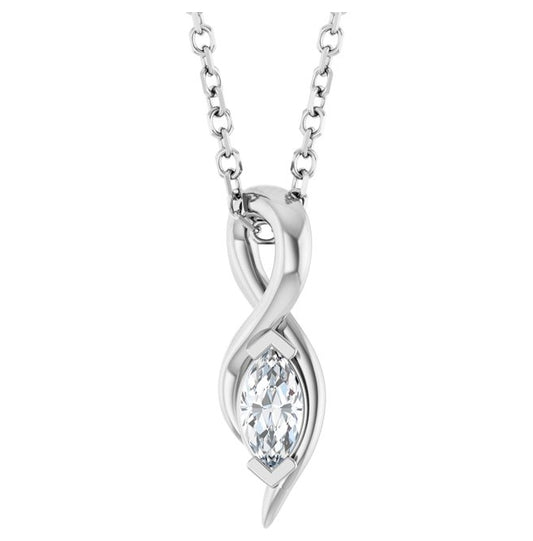 14K White Gold Marquise 5 X 2.5Mm  I1, Ghi 18 In Polished 1/6 Ct Natural Diamond Freeform Solitaire Necklace