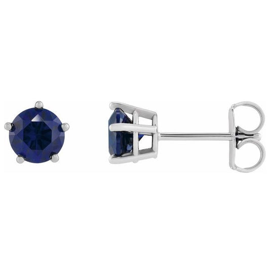 14K White Gold Round Pair 5Mm Friction Backs 5-Prong Polished Lab-Grown Blue Sapphire Solitaire Stud Earrings