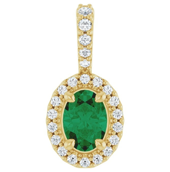 14K Yellow Gold Oval 7 X 5Mm I1, G-H Polished Lab-Grown Emerald And 1/5 Ctw Natural Diamond Halo-Style Pendant