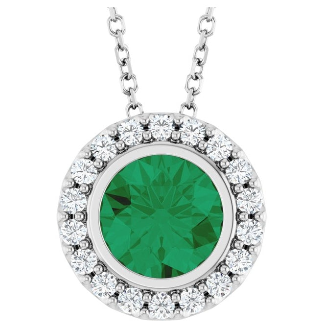 14K White Gold Round 7Mm I1, G-H 16-18 In Polished Lab-Grown Emerald And 1/4 Ctw Natural Diamond Necklace
