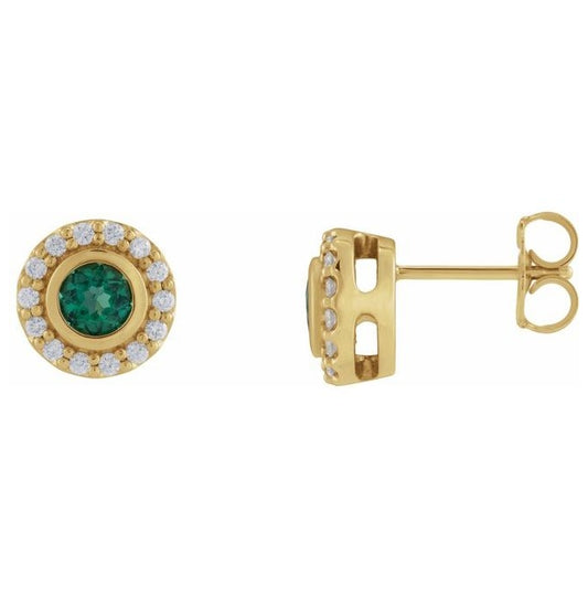 14K Yellow Gold Lab-Grown Emerald & 1/5 CTW Natural Diamond Halo-Style Stud Earrings