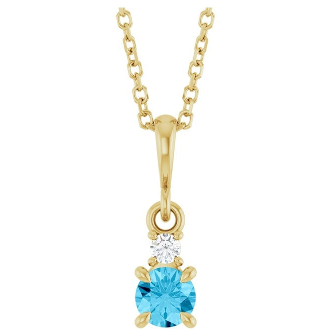 14K Yellow Gold Round 4Mm I1, G-H 16-18 In Polished Natural Aquamarine And .03 Ct Natural Diamond Necklace