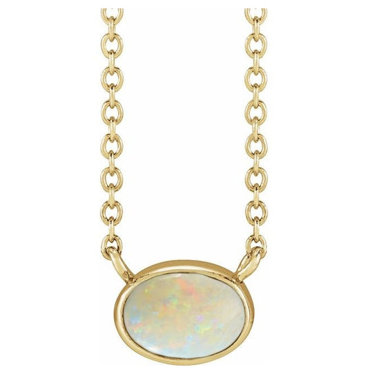 14K Yellow Gold Oval 8 X 6 Mm 18 In Polished Lab-Grown White Opal Cabochon Solitaire Necklace