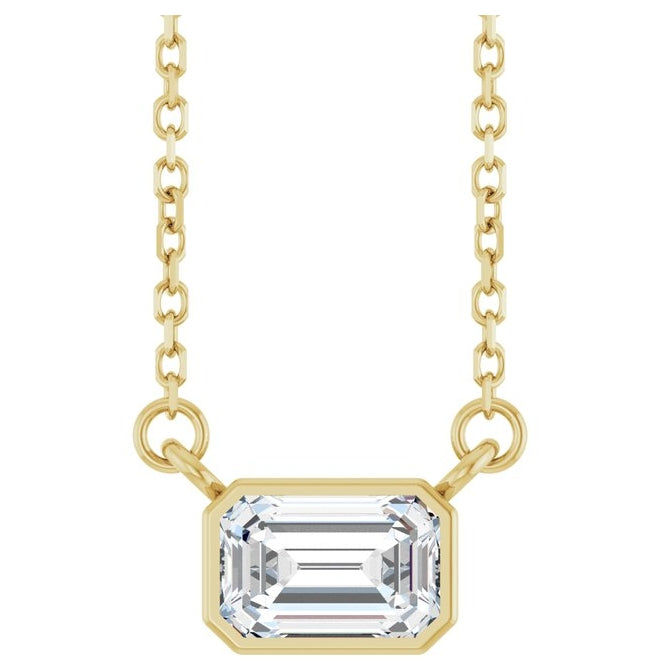 14K Yellow Gold Emerald 6 X 4Mm Vs, F-G Polished 1/2 Ct Lab Grown Diamond Solitaire Bezel-Set 18 In Necklace